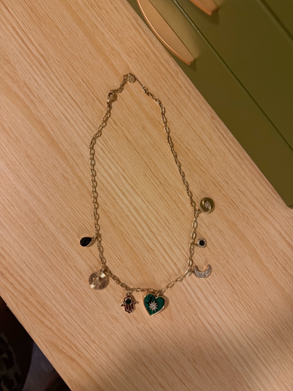 Alex and Ani Gold-Tone Charm Necklace with Green Heart and Mixed Charms